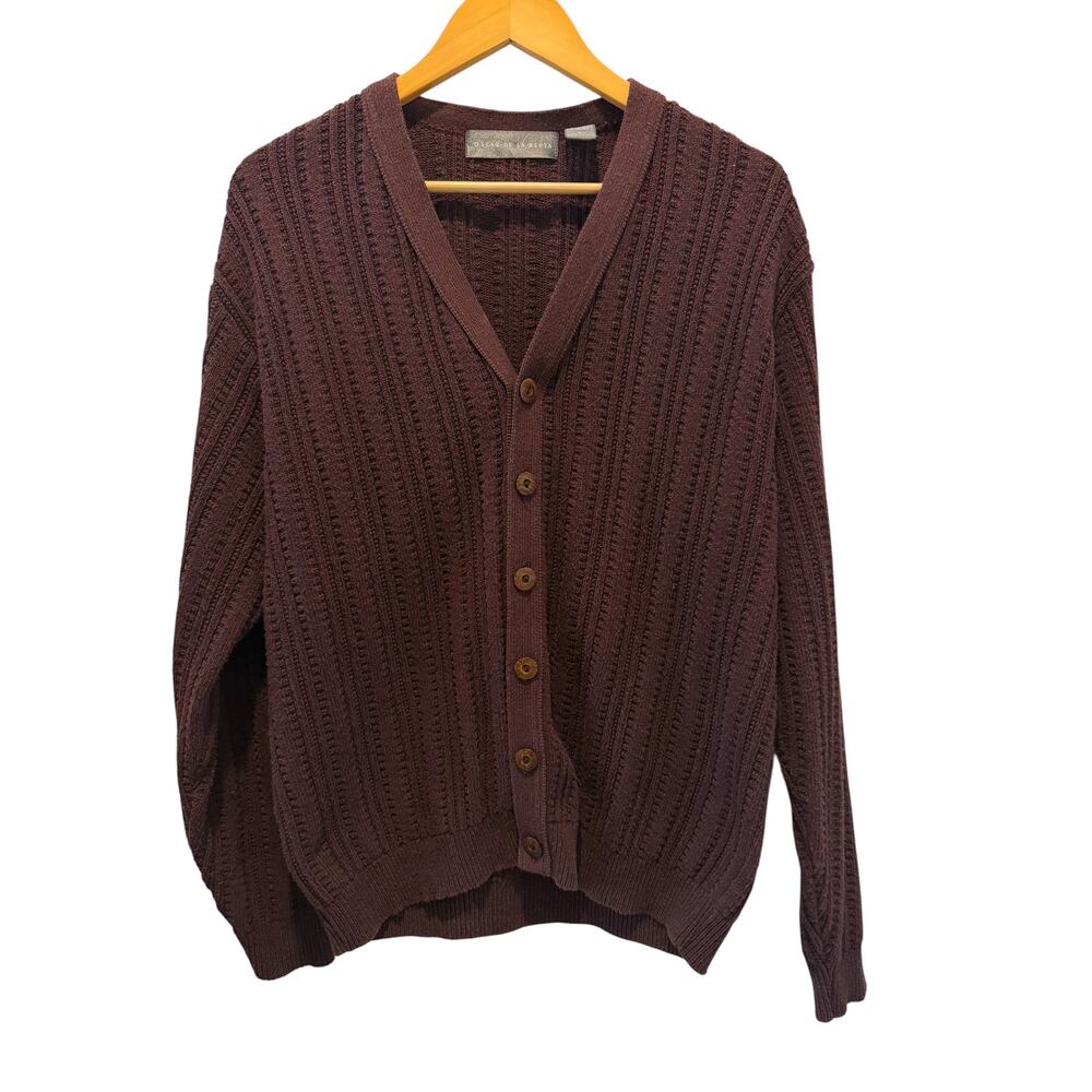 Oscar de la Renta Burgundy Cable Knit Cardigan L Quiet Luxury Grandpa Sweater